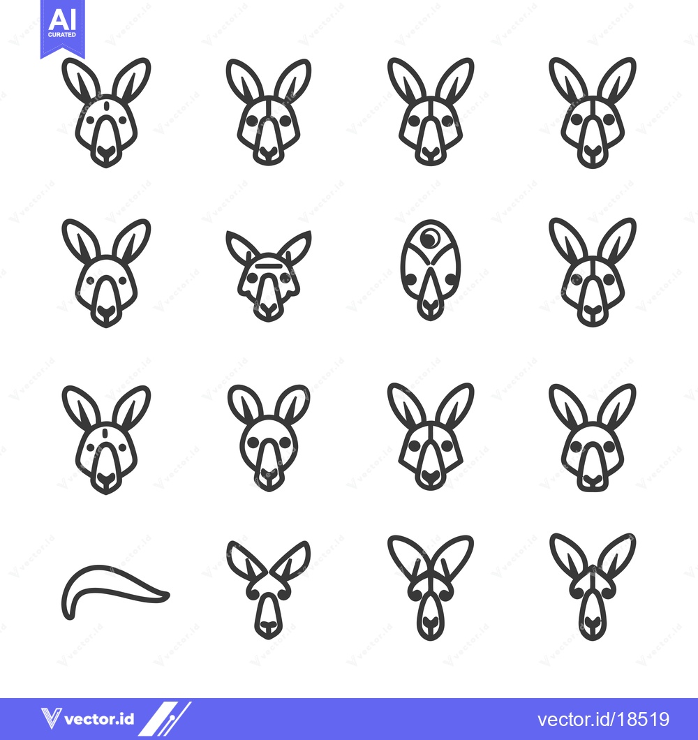 Premium Vector of A Set of Line Art Kangaroo Head Illustrations in Black and White