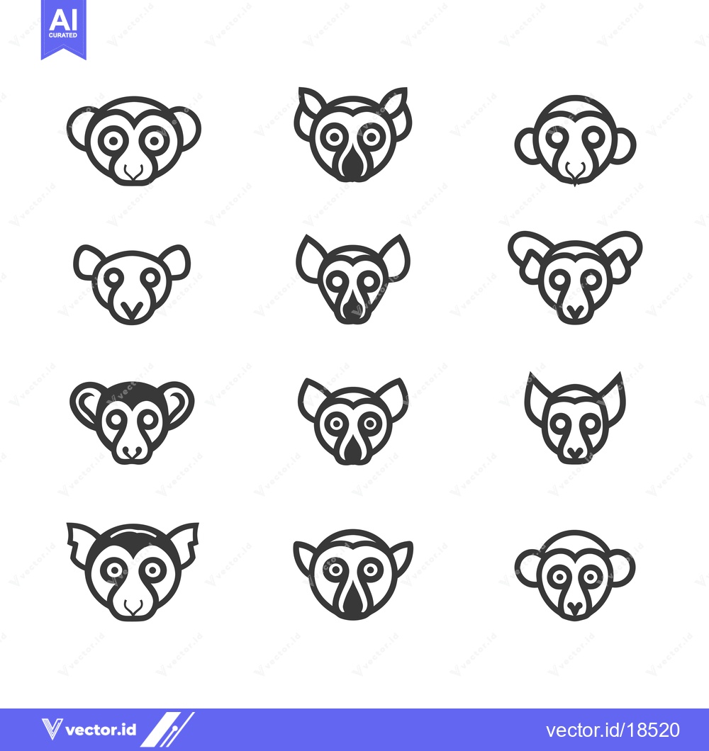 Premium Vector dari A Set of Line Art Lemur Head Illustrations in Black and White