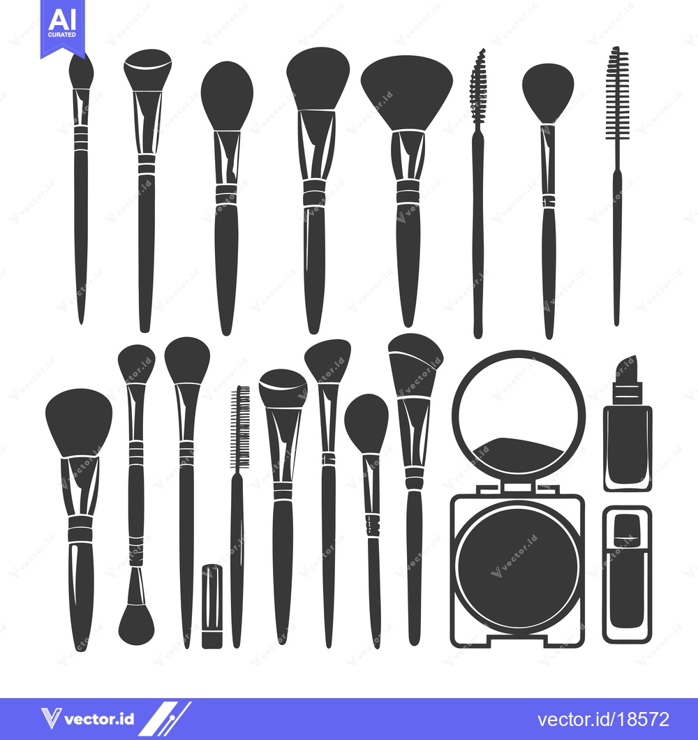 Premium Vector of A Set of Makeup Brushes, Powder Compact, and Bottles