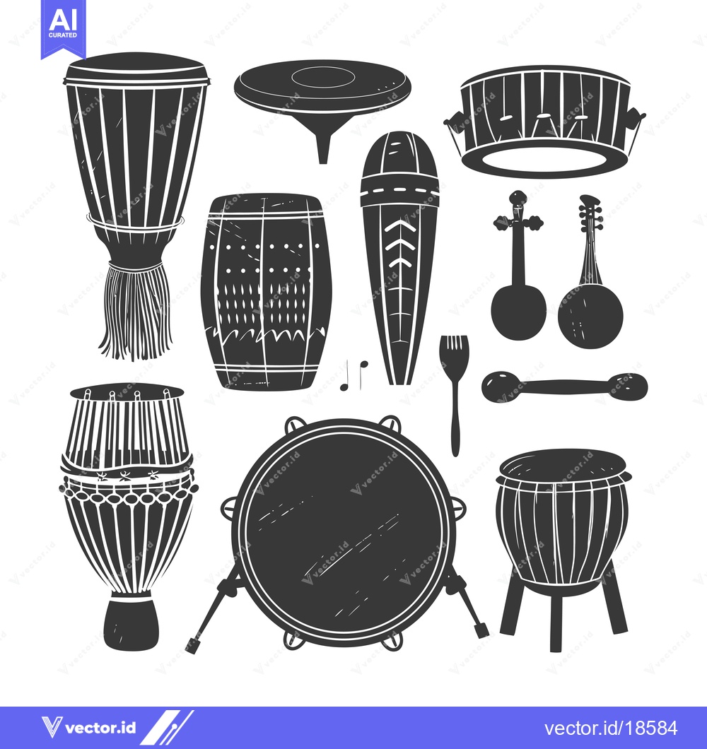 Premium Vector of A Set of Musical Instruments Including Drums, a Tambourine, and a Lute