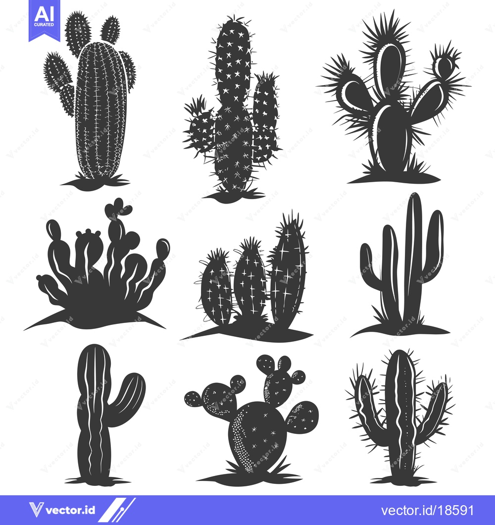 Premium Vector dari A Set of Nine Black and White Cactus Silhouettes