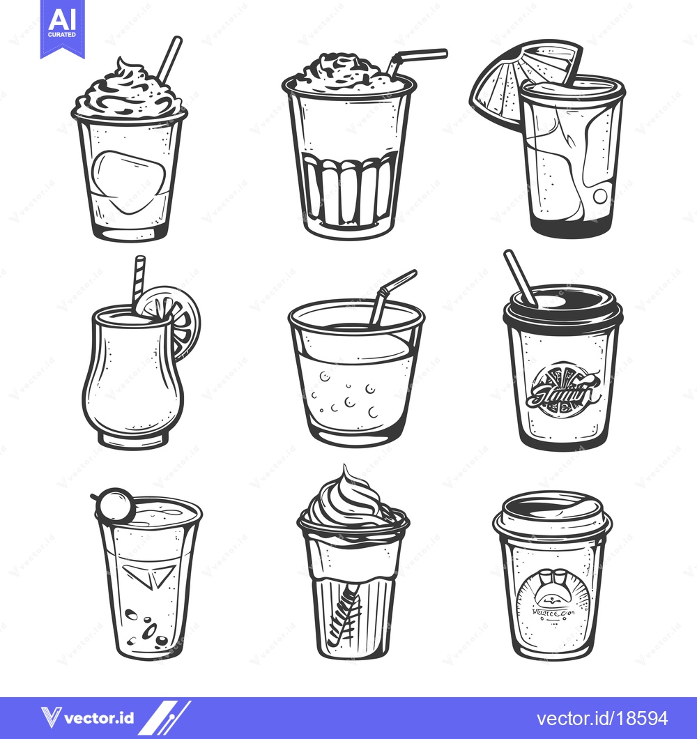 Premium Vector dari A Set of Nine Black and White Hand-Drawn Drink Illustrations