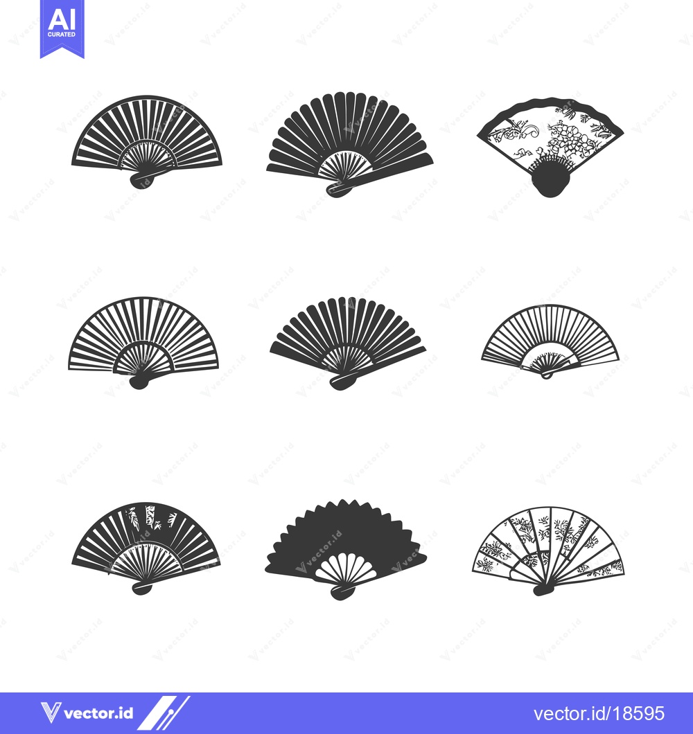 Premium Vector of A Set of Nine Black and White Hand-Drawn Folding Fans
