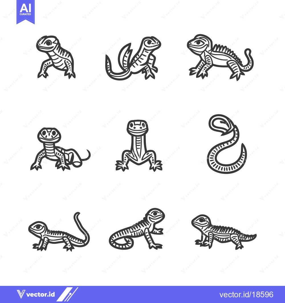 Premium Vector dari A Set of Nine Black and White Hand-Drawn Lizard Illustrations