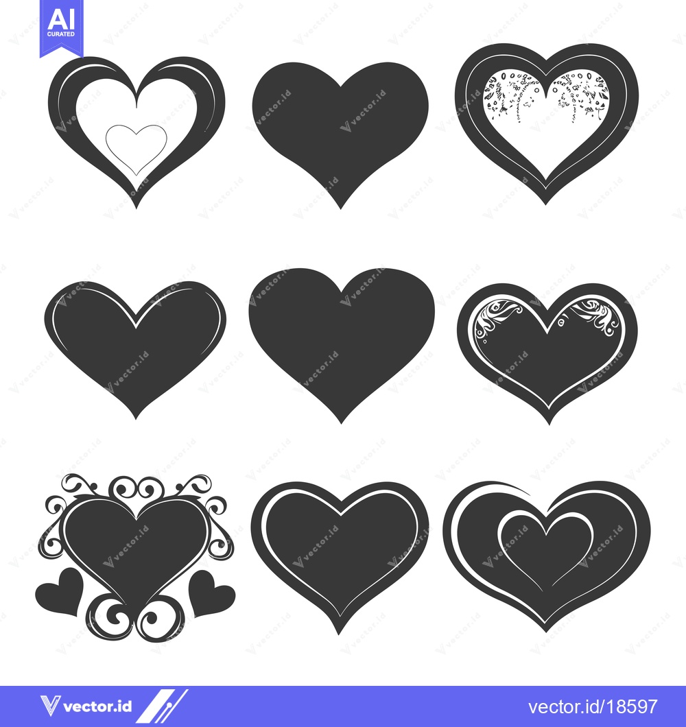 Premium Vector of A Set of Nine Black and White Hearts with Different Designs