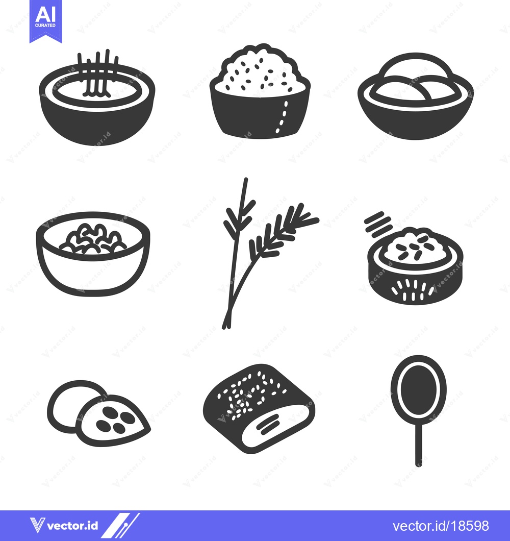 Premium Vector dari A Set of Nine Black and White Icons Depicting Rice and Rice Products