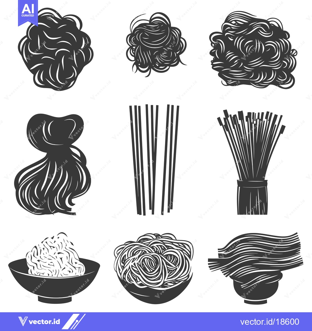Premium Vector dari A Set of Nine Black and White Illustrations Depicting Spaghetti in Var