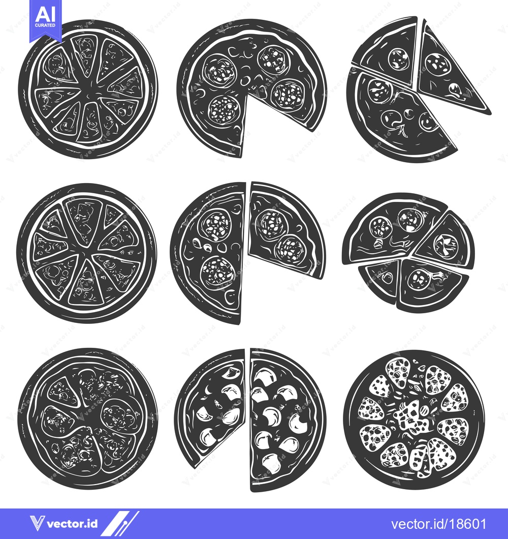 Premium Vector dari A Set of Nine Black and White Illustrations of Pizza with Different Sl