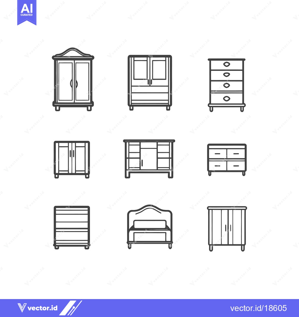 Premium Vector dari A set of nine black and white line drawings of various furniture piece