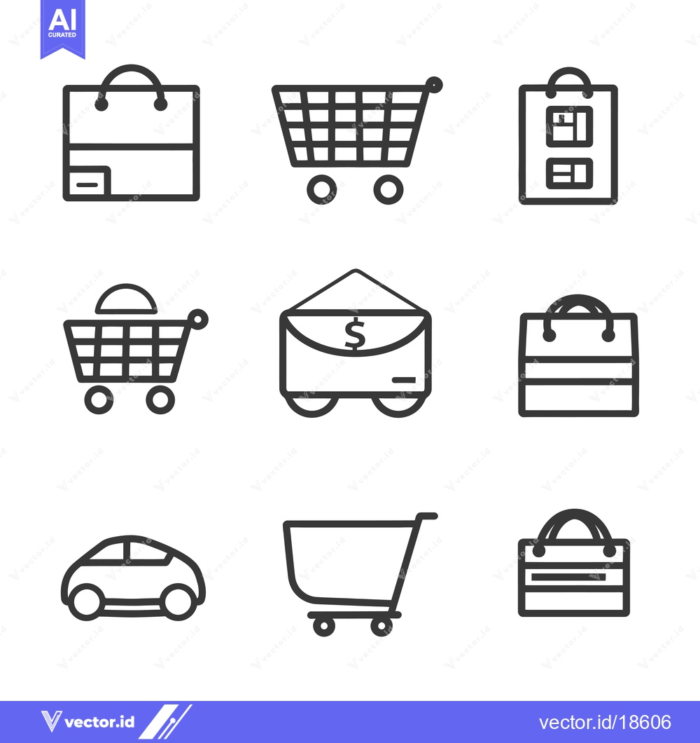 Premium Vector dari A Set of Nine Black and White Line Icons Depicting Shopping and Commer