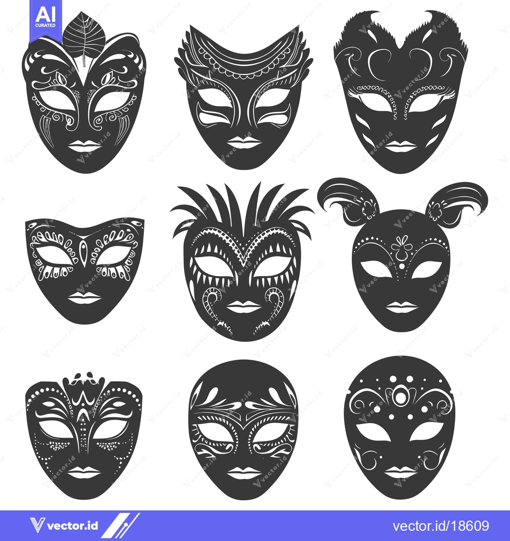 Premium Vector of A Set of Nine Black and White Ornate Venetian Masks