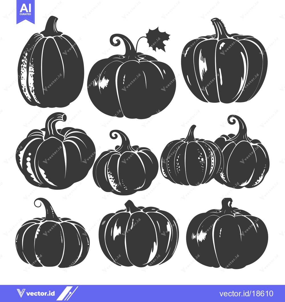 Premium Vector dari A Set of Nine Black and White Pumpkin Silhouettes