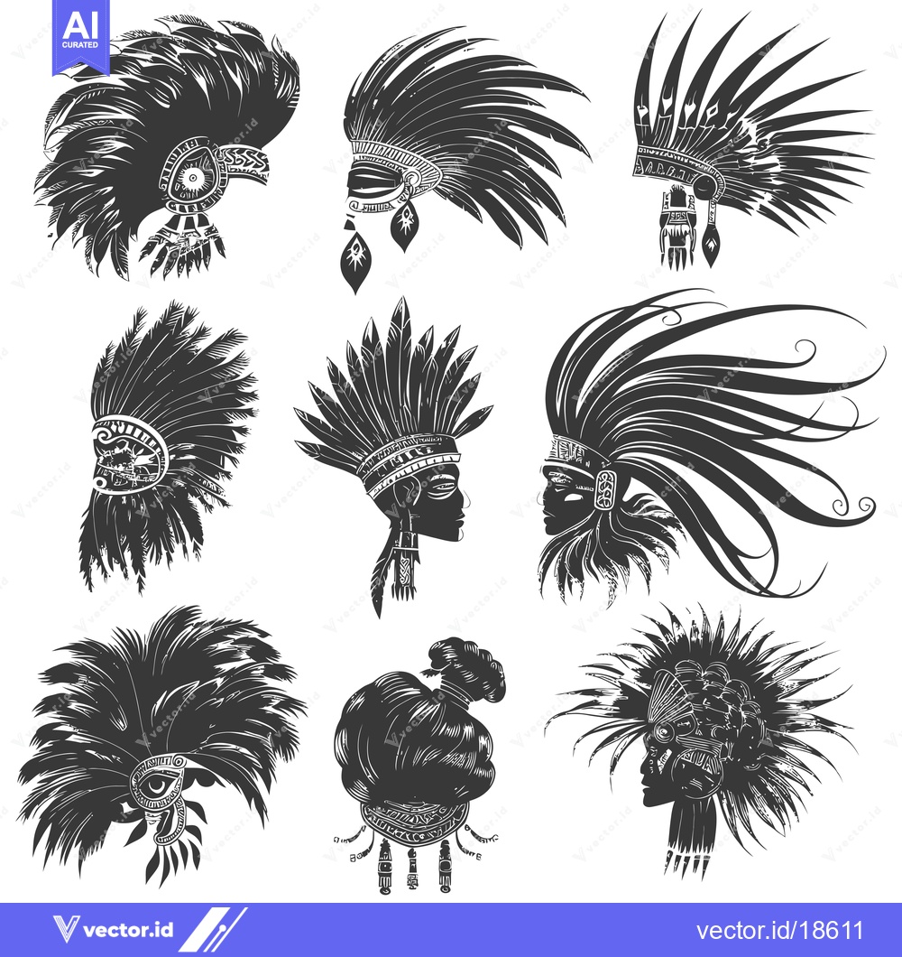 Premium Vector dari A Set of Nine Black and White Silhouettes of Native American Headdress
