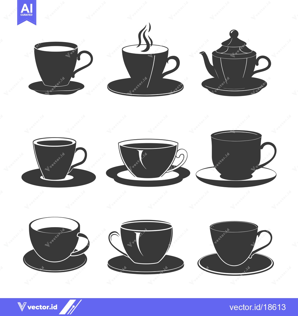 Premium Vector of A Set of Nine Black and White Tea Cups and a Teapot