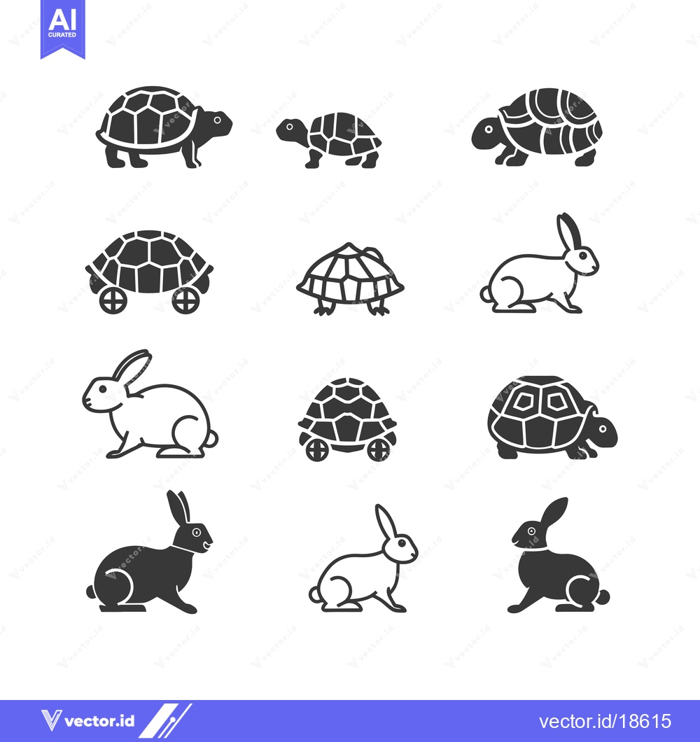 Premium Vector dari A Set of Nine Black and White Tortoise and Rabbit Icons