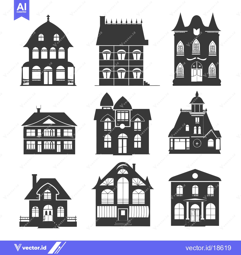 Premium Vector of A Set of Nine Black Silhouettes of Various Homes
