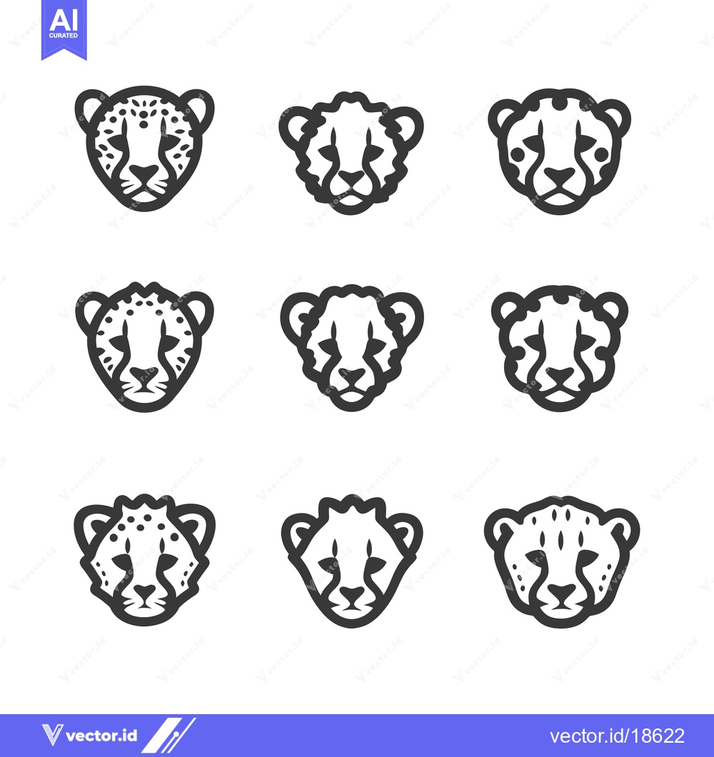 Premium Vector dari A Set of Nine Cheetah Head Icons in Black and White Line Art Style