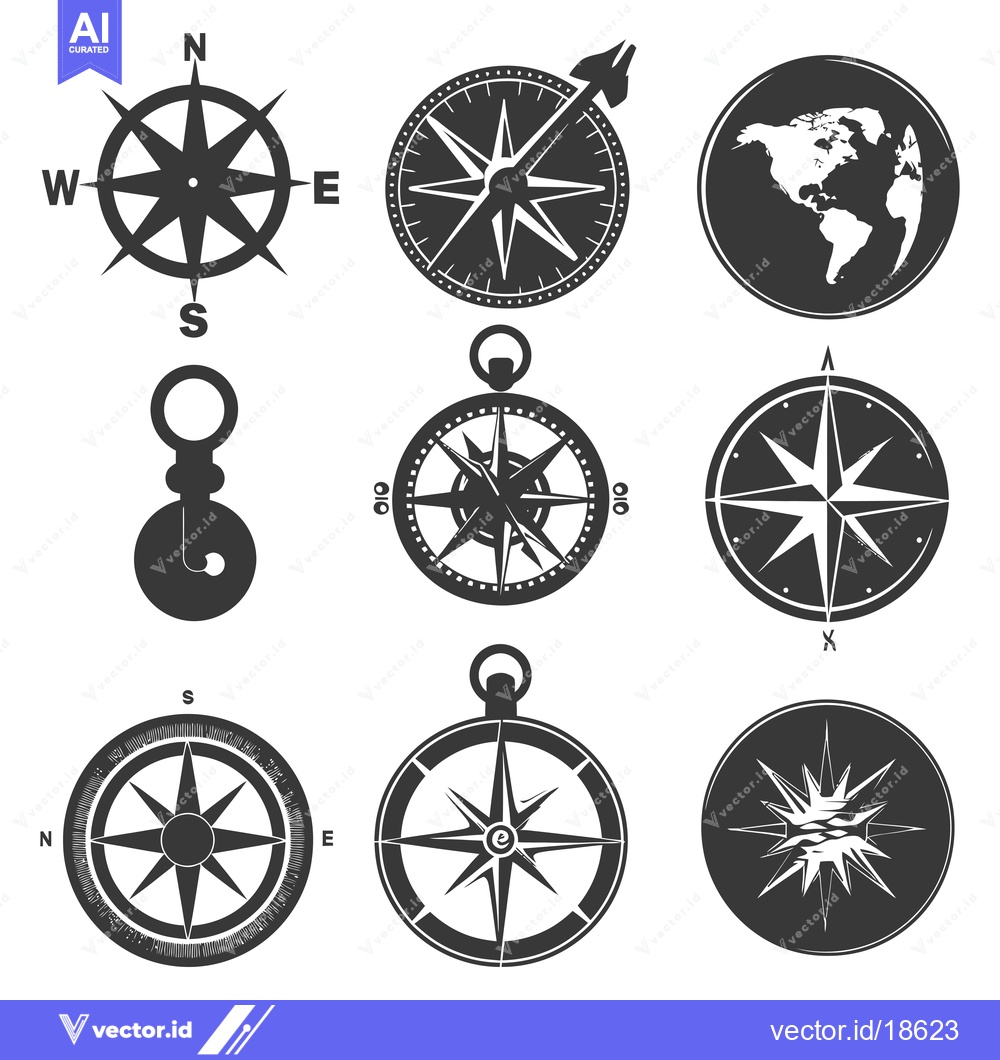 Premium Vector dari A Set of Nine Compass Illustrations, Including a Globe