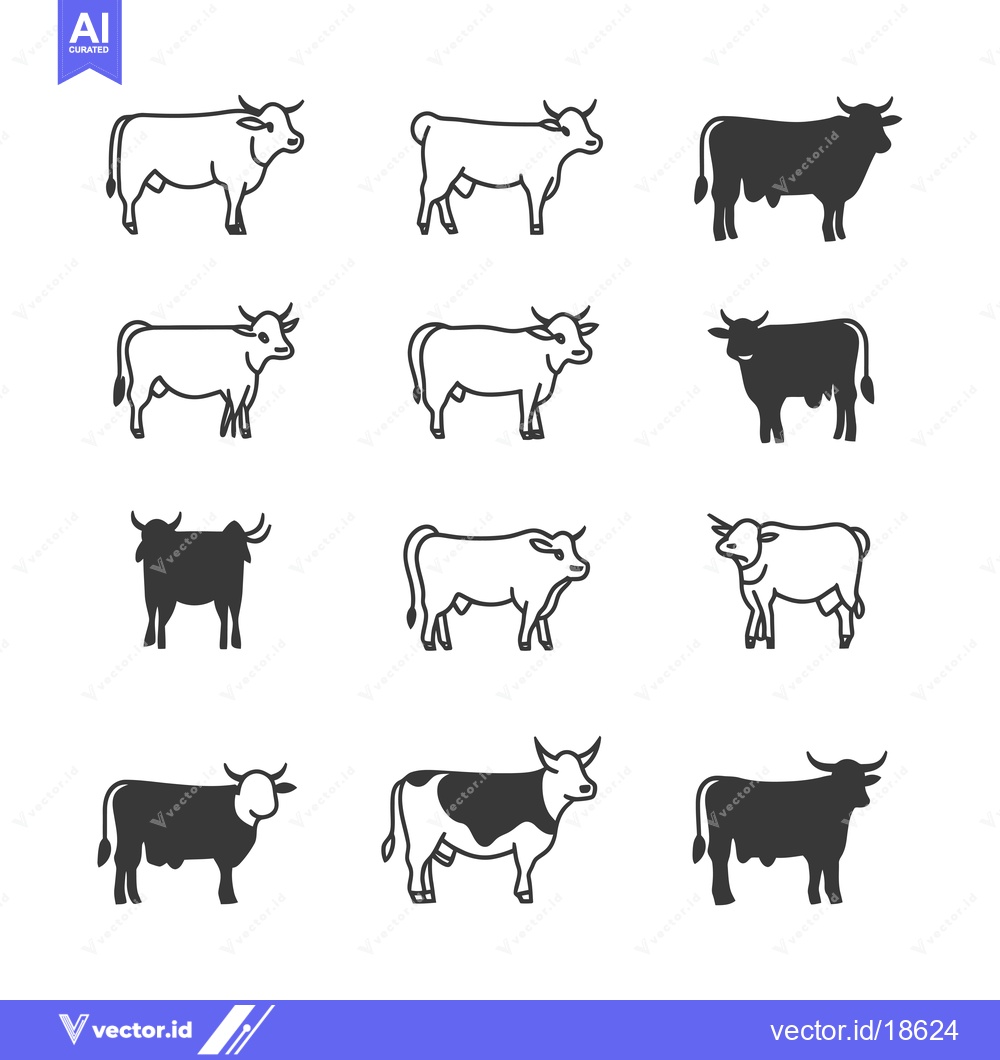 Premium Vector of A Set of Nine Cow and Bull Line Art Illustrations