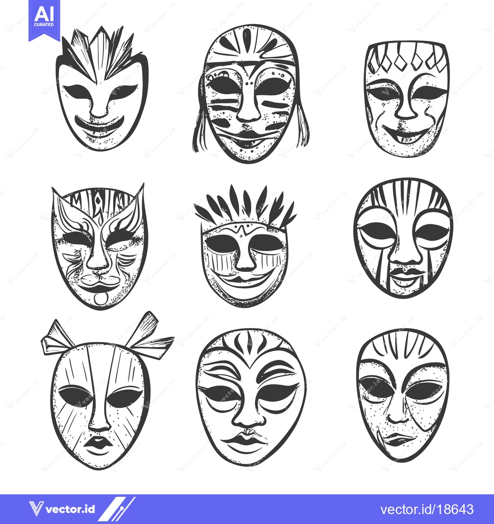 Premium Vector of A Set of Nine Hand-Drawn Masks with Intricate Designs