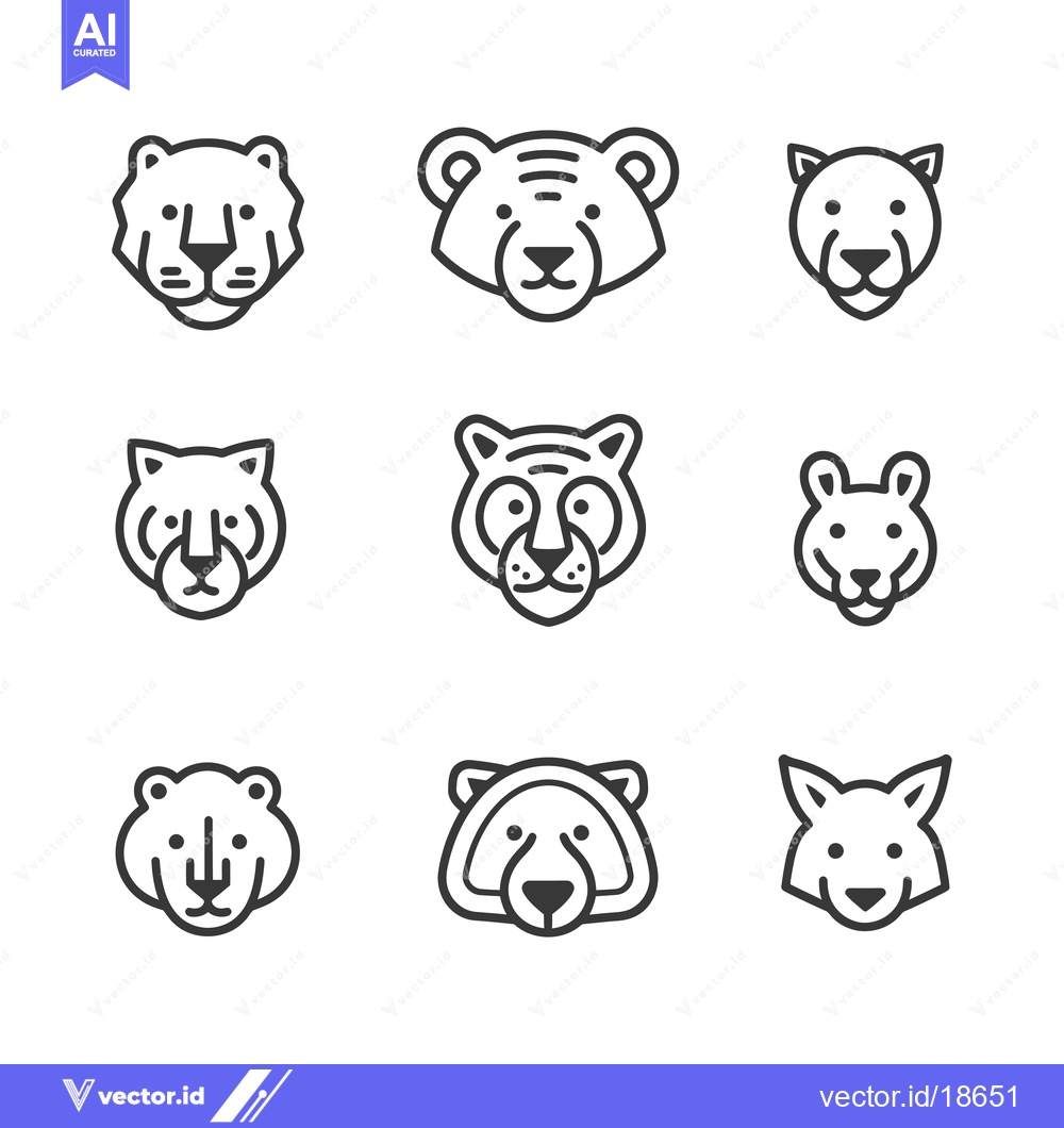 Premium Vector dari A Set of Nine Line Art Animal Faces: Tiger, Lion, and Bear