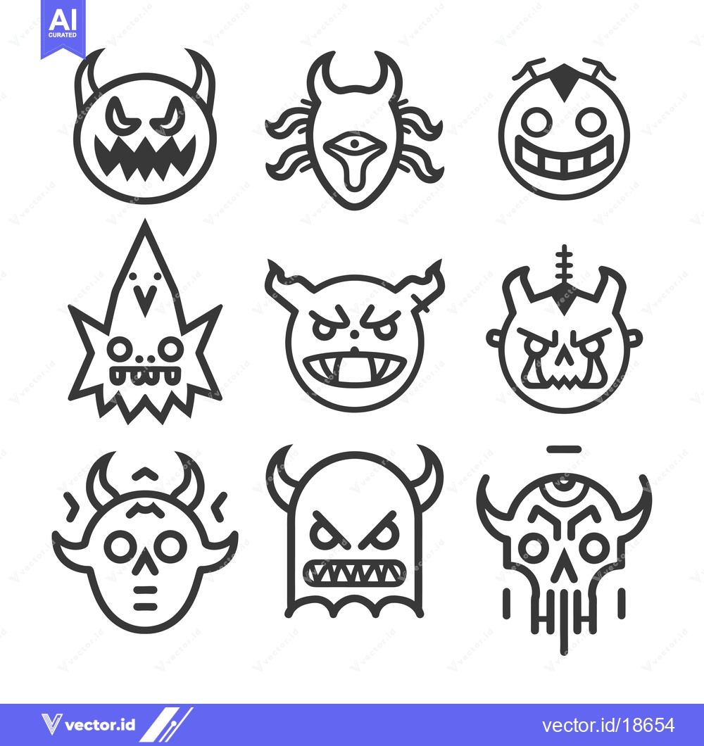 Premium Vector dari A Set of Nine Line Art Monster Faces