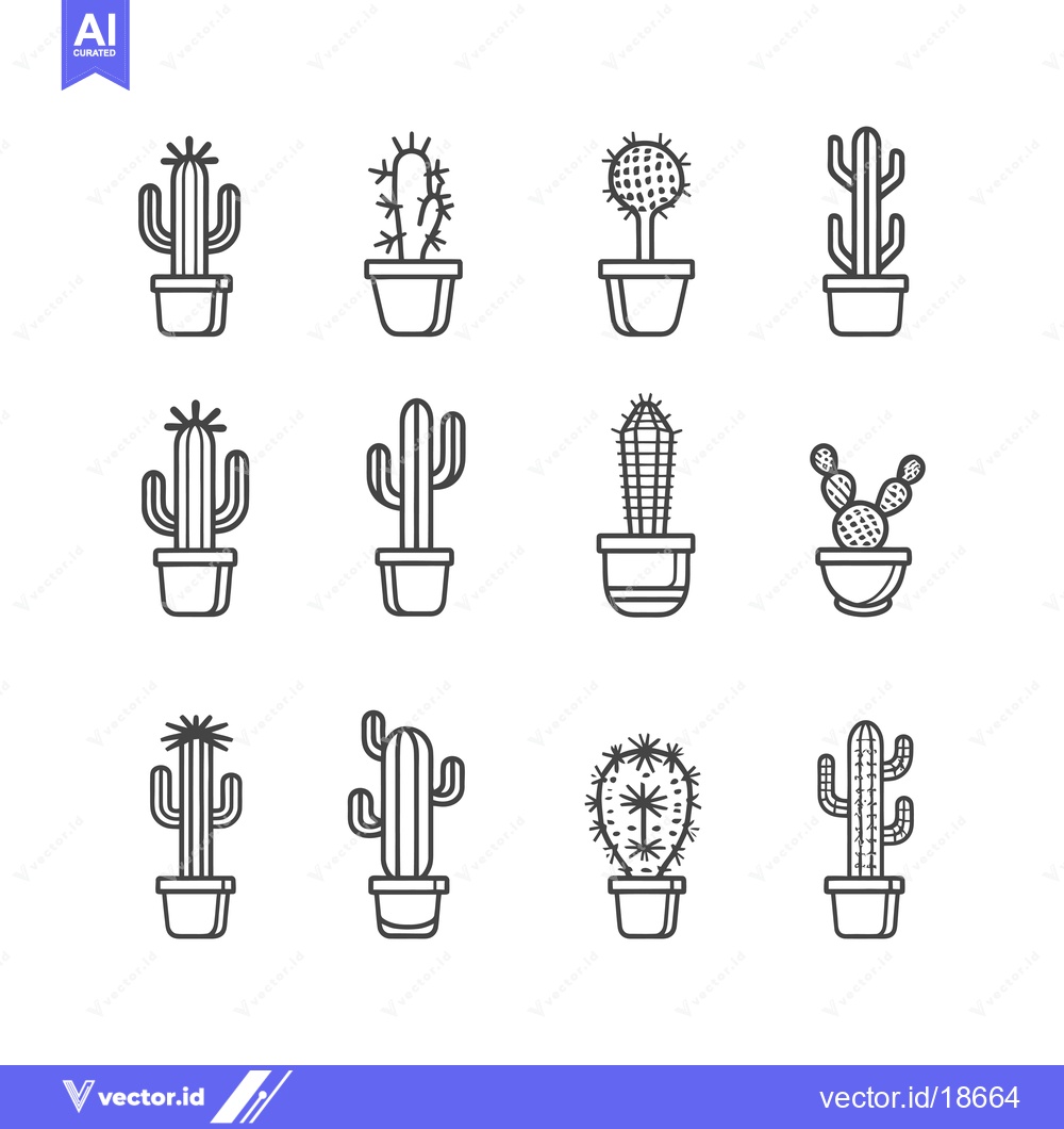 Premium Vector dari A Set of Nine Line Drawings of Cactus Plants in Pots