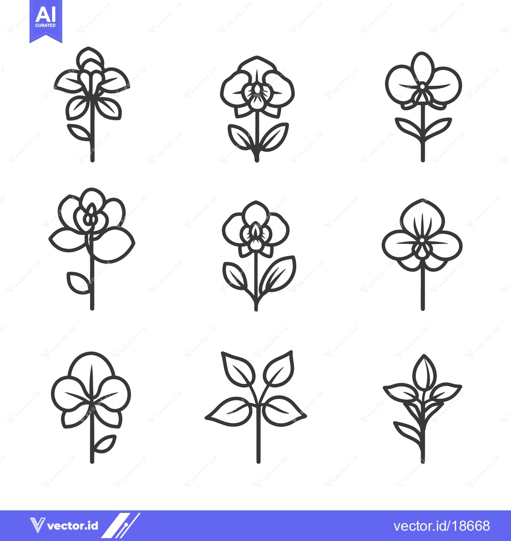 Premium Vector dari A Set of Nine Line Drawings of Orchids and Flower Buds
