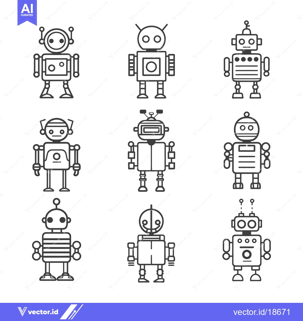 Premium Vector dari A Set of Nine Line Drawings of Robots with Different Shapes and Featur