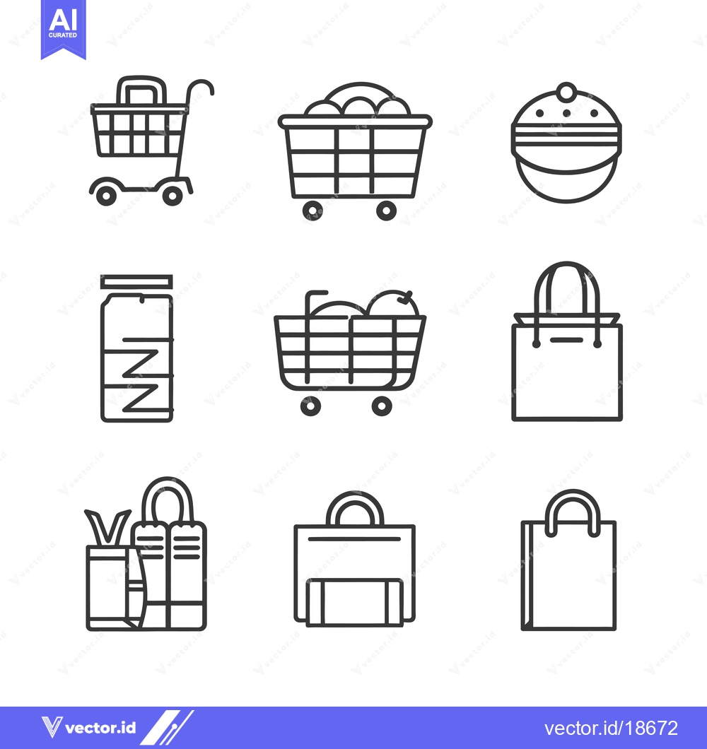 Premium Vector dari A Set of Nine Line Drawings of Shopping Carts, Baskets and Bags
