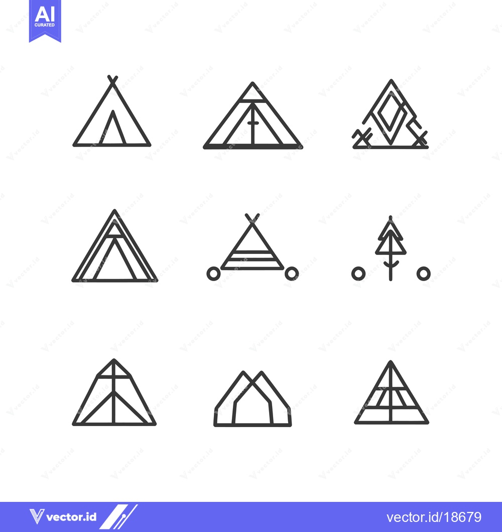 Premium Vector dari A Set of Nine Minimalist Line Art Tent Icons