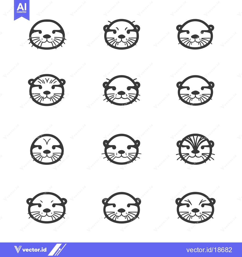 Premium Vector of A set of nine otter face icons, each with unique facial features.