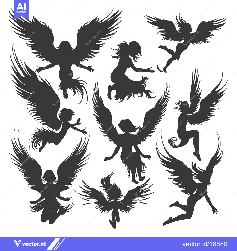 Premium Vector dari A Set of Nine Silhouettes of Female Angels with Wings Spread