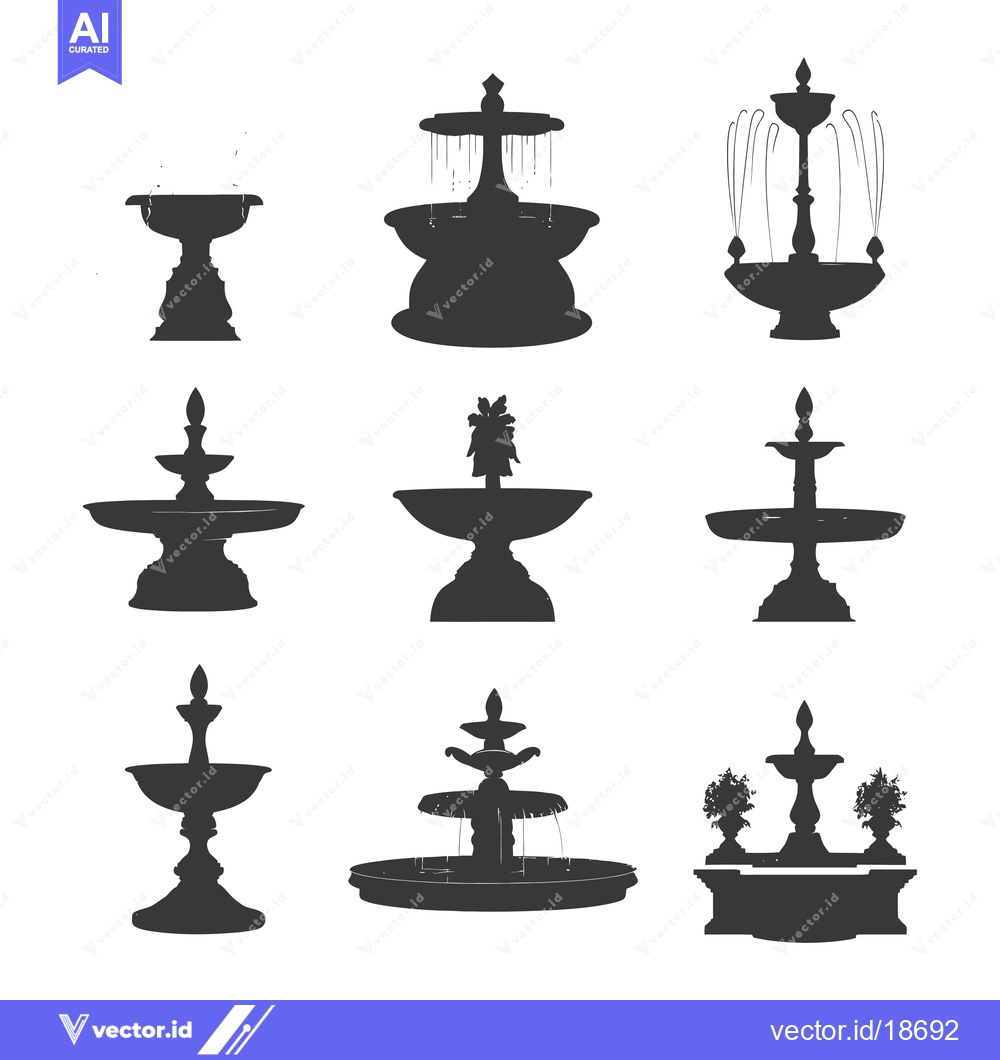 Premium Vector dari A Set of Nine Silhouettes of Ornamental Fountains