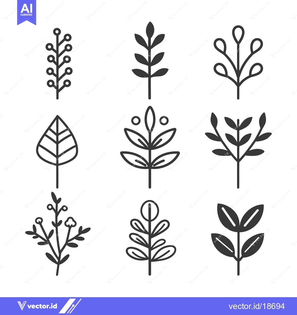 Premium Vector of A Set of Nine Simple Hand-Drawn Line Art Leaf and Flower Illustrations