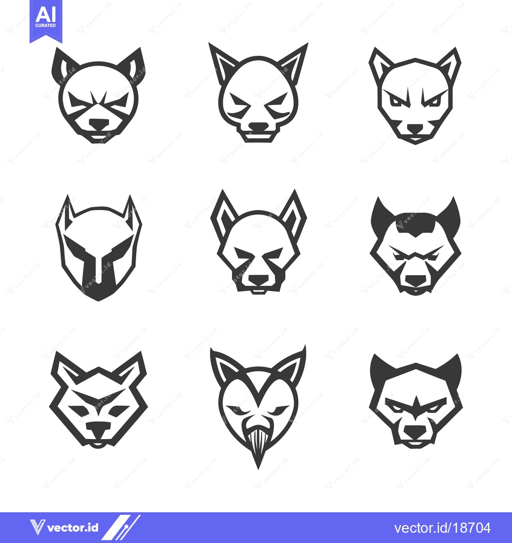 Premium Vector of A Set of Nine Stylized Animal Head Logos in Black and White