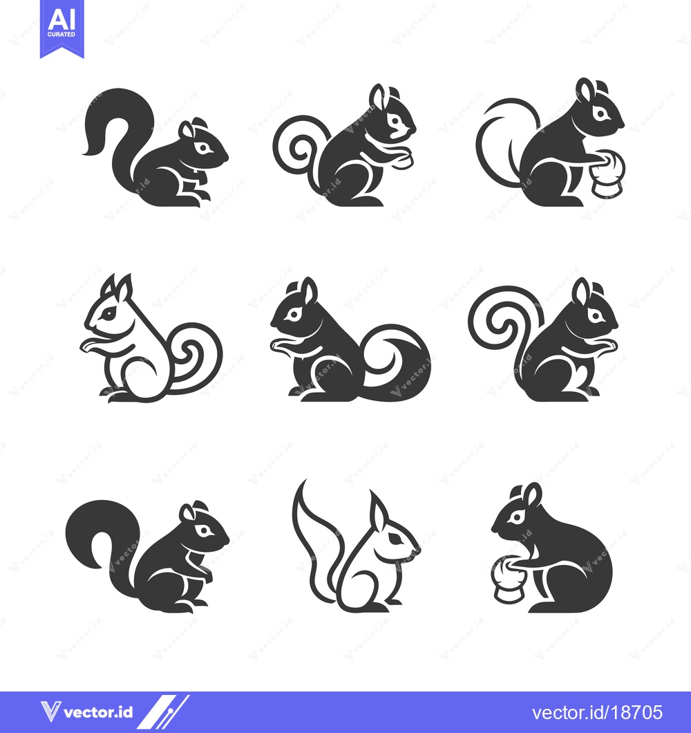 Premium Vector dari A Set of Nine Stylized Squirrel Icons in Black and White
