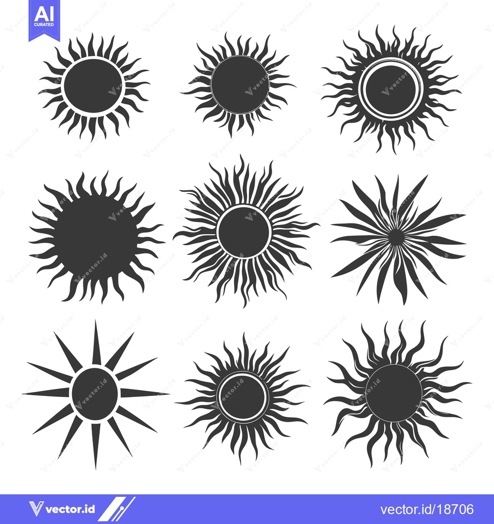 Premium Vector of A Set of Nine Stylized Sun Illustrations with Different Ray Patterns