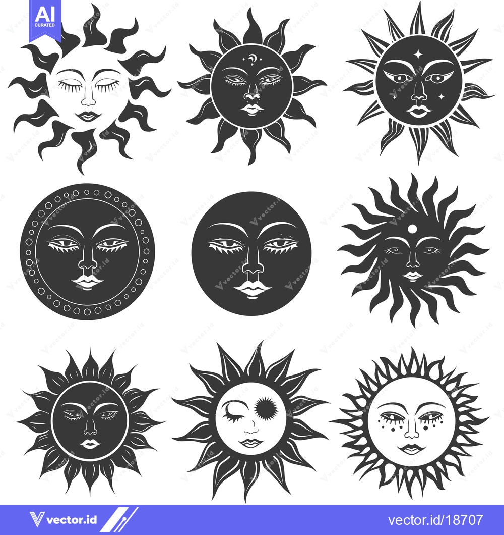 Premium Vector of A Set of Nine Sun Icons with Faces and Various Styles