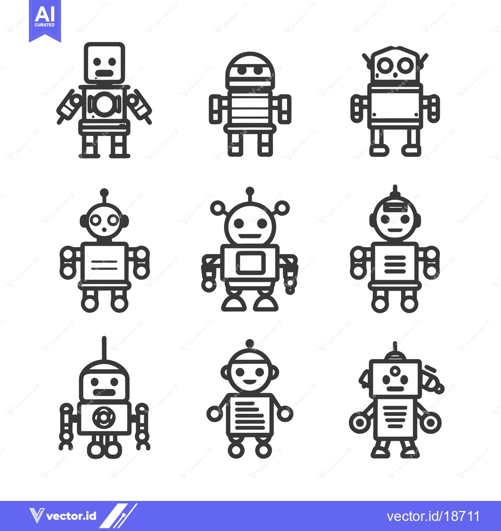 Premium Vector dari A Set of Nine Unique Robot Line Drawings