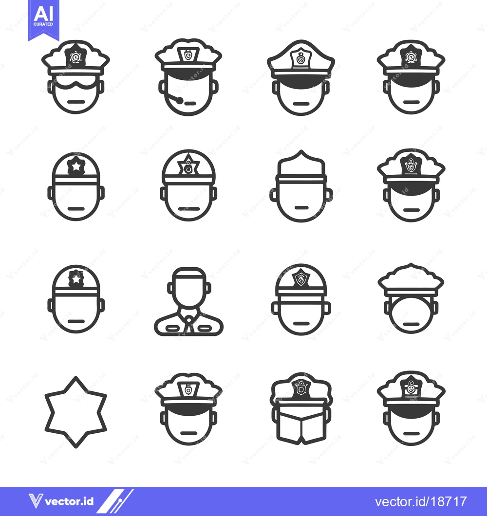 Premium Vector dari A Set of Police Officer Head Icons in Black and White