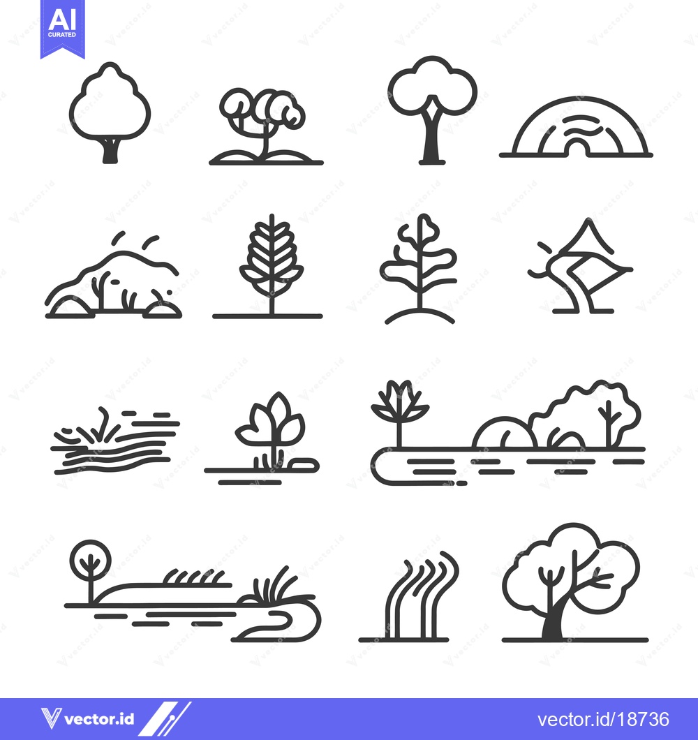 Premium Vector dari A Set of Simple Line Art Illustrations of Trees and Nature Scenes