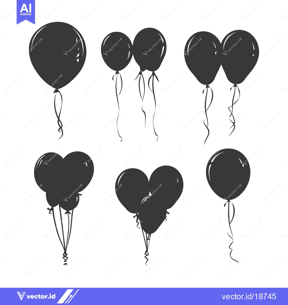 Premium Vector of A Set of Six Black Balloon Silhouettes with Ribbons