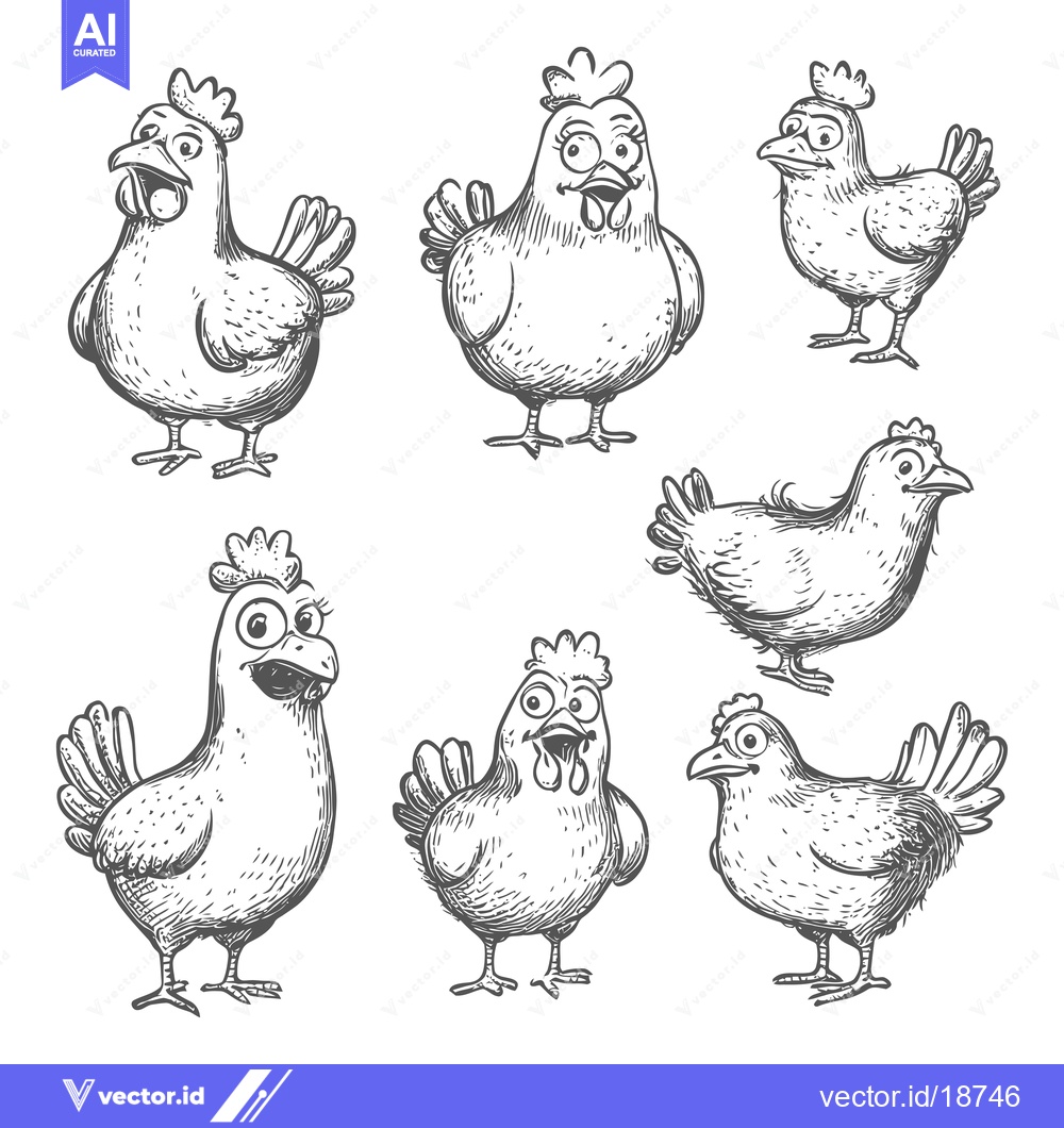 Premium Vector dari A Set of Six Hand-Drawn Chickens in Various Poses