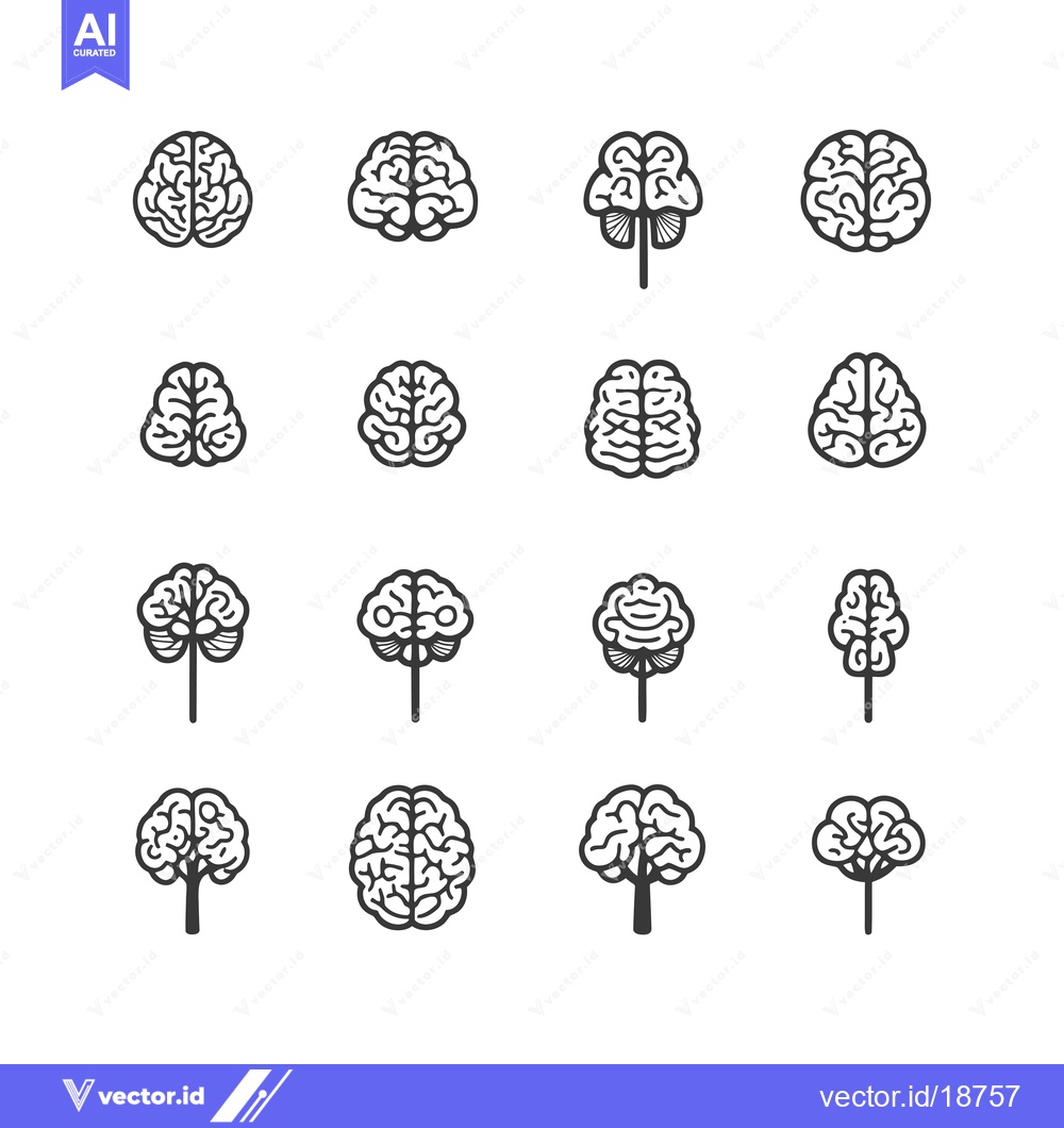 Premium Vector dari A Set of Sixteen Black and White Brain Icons
