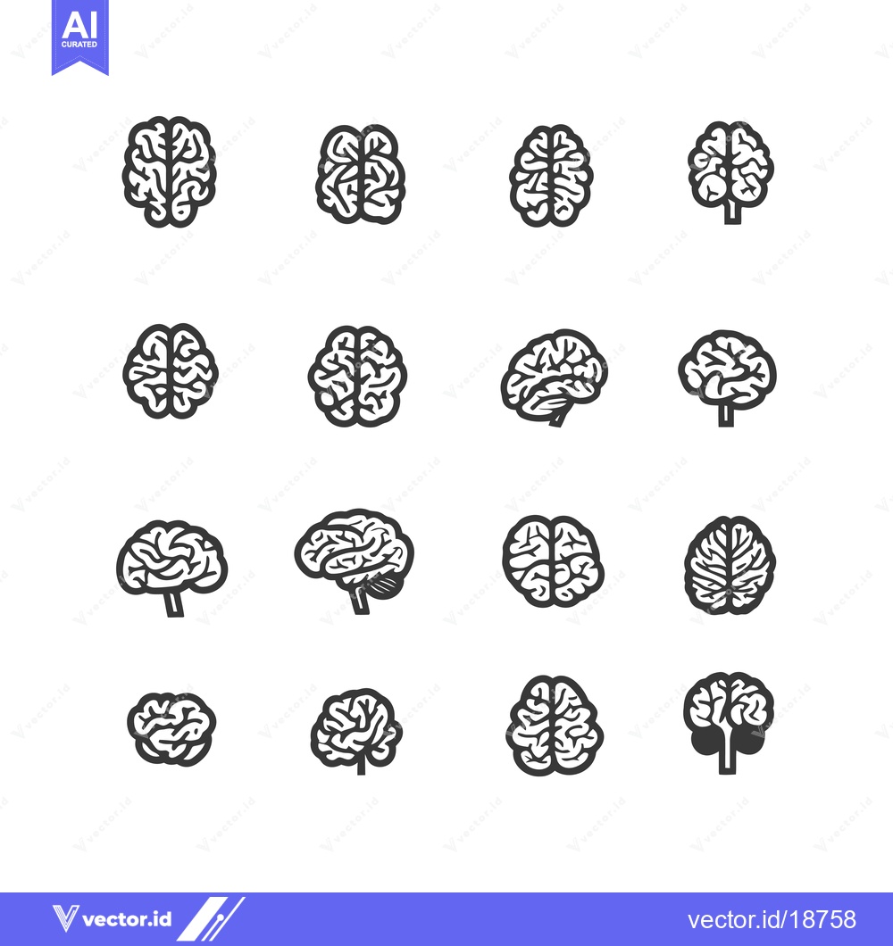 Premium Vector of A Set of Sixteen Black and White Brain Icons