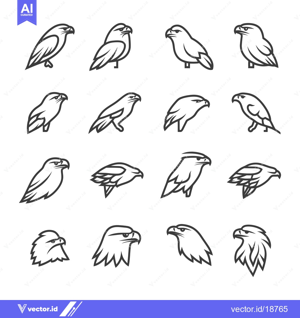 Premium Vector of A Set of Sixteen Black and White Eagle Line Art Illustrations
