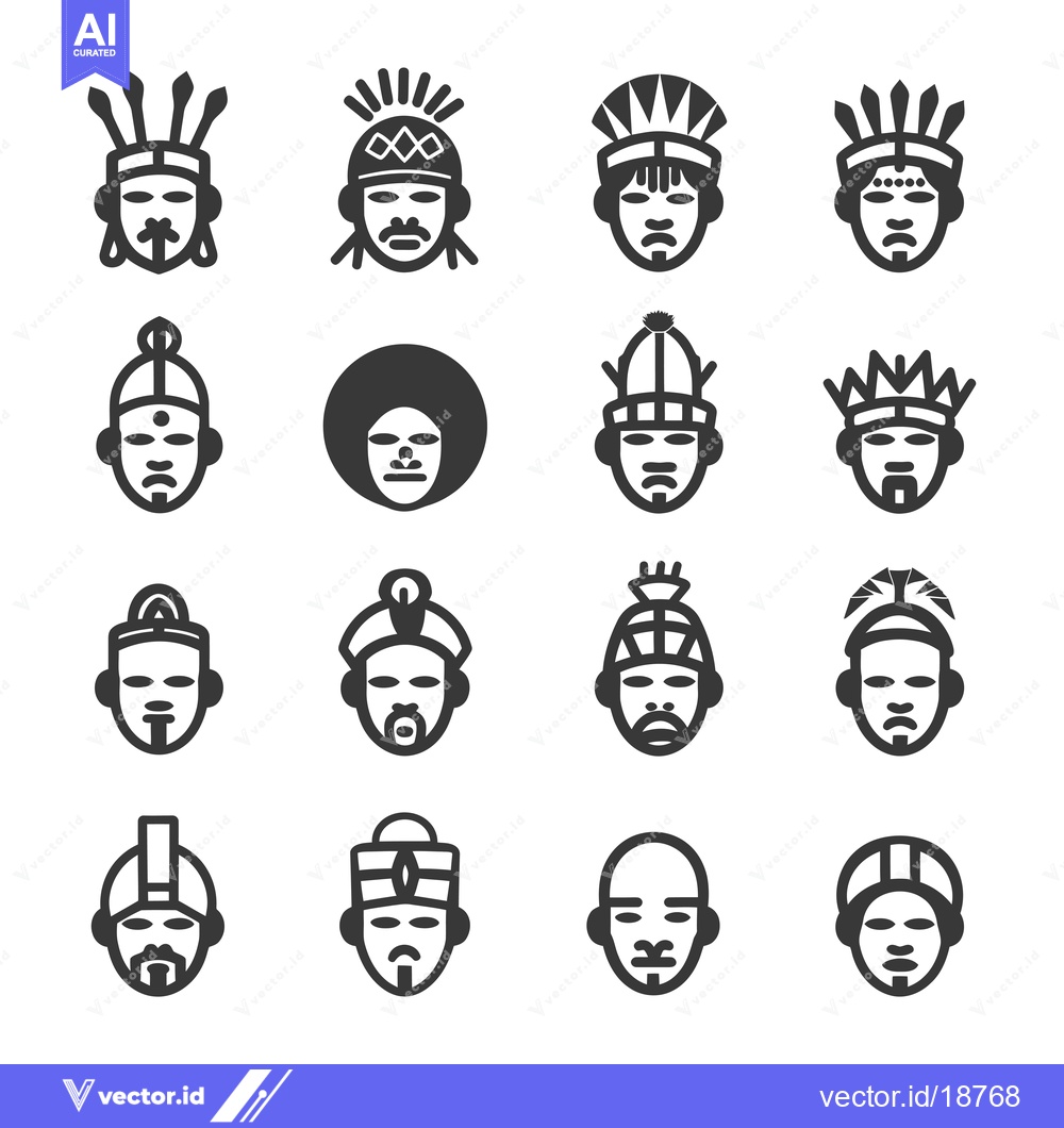 Premium Vector dari A Set of Sixteen Black and White Head Icons Depicting Various Cultures