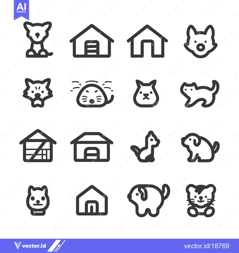 Premium Vector of A set of sixteen black and white icons depicting pets and their homes
