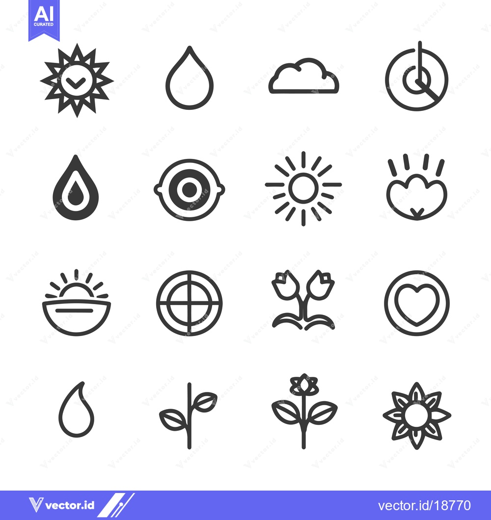 Premium Vector of A Set of Sixteen Black and White Icons Featuring Sun, Rain, Clouds, Pl
